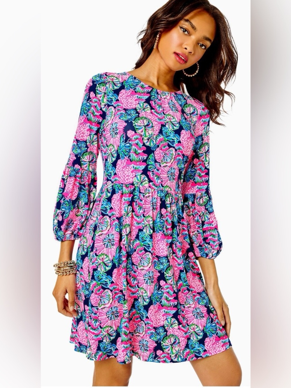 Lilly Pulitzer Pink & Navy Floral Tiered Midi Dress